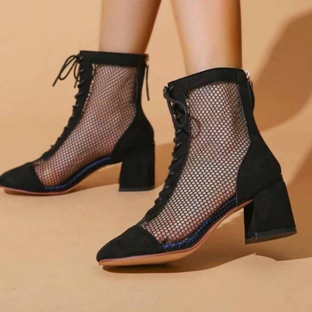 Elegant Black Mesh And Suede Ankle Boots